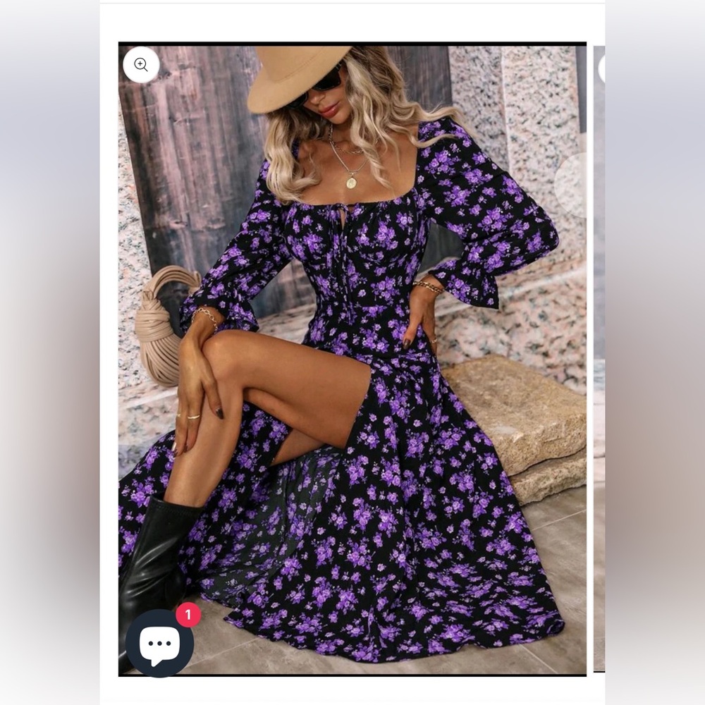 SHEIN Purple & Black Floral Maxi High Slit Dress Size Small